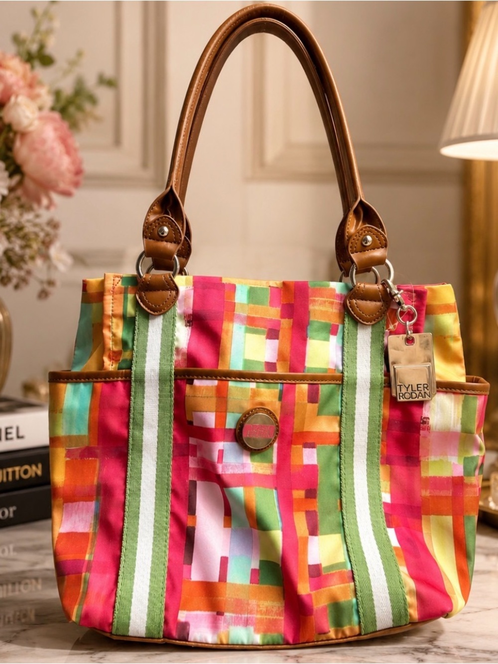 Tyler Rodan Multicolor Geometric Canvas Tote with Brown Trim and Green Stripes